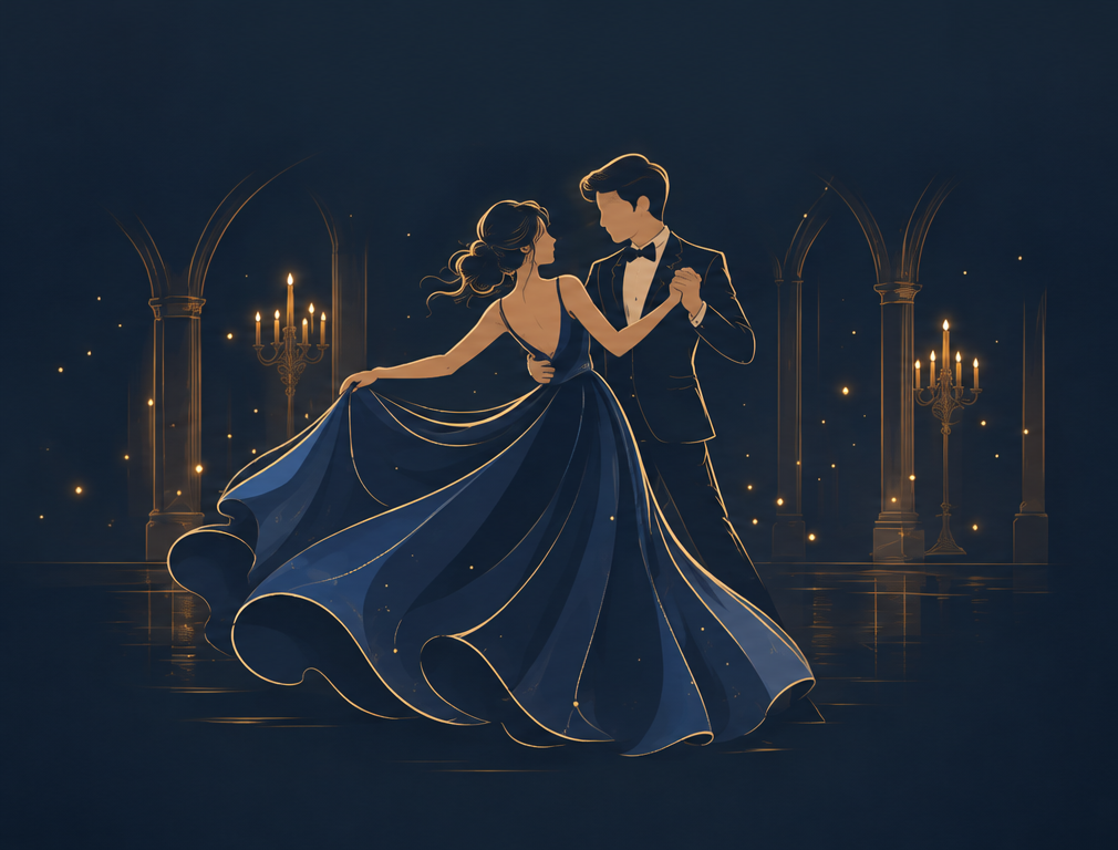 A graceful illustrated couple dancing at a formal winter ball
